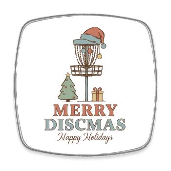 Fröhliche Discmas Frohe Feiertage Disc Golf Korb - Viereckiger Kühlschrankmagnet - Weiß - Vorne