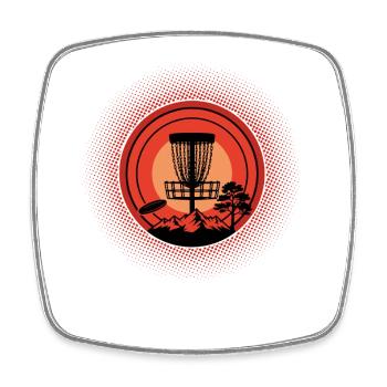 Disc Golf Basket Sunset Flying Disc Mountain Szene - Viereckiger Kühlschrankmagnet - Weiß - Vorne