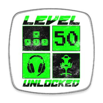 Level 50 unlocked - Gamer - Birthday - Gift - Square fridge magnet - white - Front