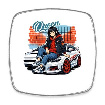 Queen Anime Street Style Girl with Sports Car - Square fridge magnet - white - Front