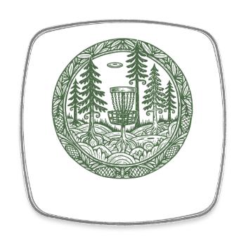 Szene des Forest Disc Golf Basket Flying Disc Courses - Viereckiger Kühlschrankmagnet - Weiß - Vorne