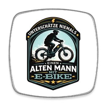 Unterschätze niemals alten Mann mit E-Bike Design - Viereckiger Kühlschrankmagnet - Weiß - Vorne