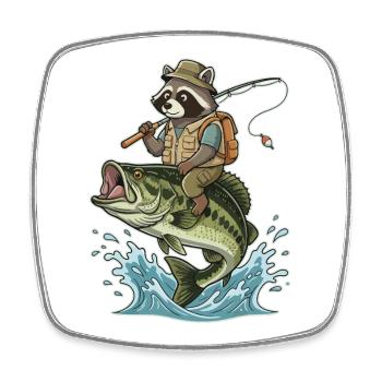 Funny raccoon rides on a bass fish - Square fridge magnet - white - Front