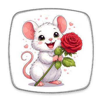 Souris mignonne avec une rose – Motif de la Saint-Valentin plein d’amour - Magnet carré - blanc - Devant