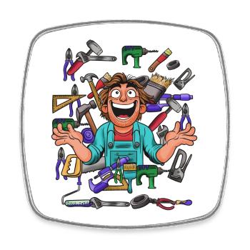 Cheerful craftsman in tool chaos - Square fridge magnet - white - Front