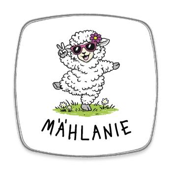 Mählanie – Süßes tanzendes Schaf mit Wortspiel - Viereckiger Kühlschrankmagnet - Weiß - Vorne