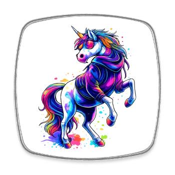 Licorne arc-en-ciel avec sweat à capuche et lunettes de soleil - Magnet carré - blanc - Devant