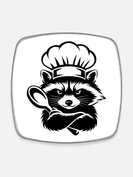 Raton laveur drôle avec chapeau de chef et cuillère - Magnet carré - blanc