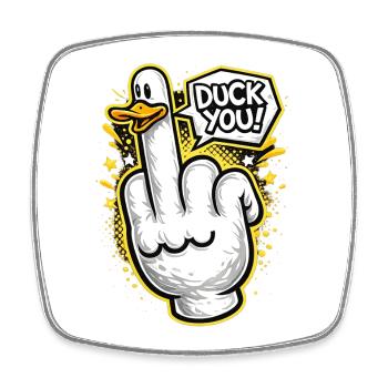 Duck You! Cheeky duck middle finger design - Square fridge magnet - white - Front