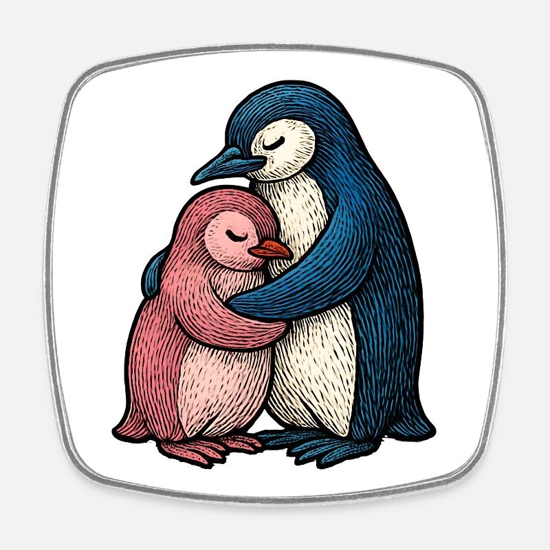 Hugged Penguins: Blue Pink Duo - Square fridge magnet - white
