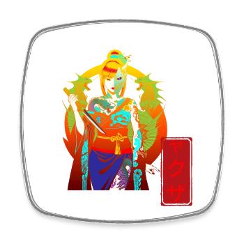 Yakuza Girl : Cyberpunk Oni Mask & Dragon Tattoo - Magnet carré - blanc - Devant