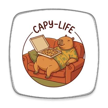 Capybara sofa with pizza cozy animal motif - Square fridge magnet - white - Front