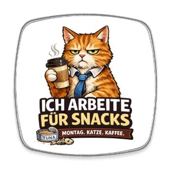 Ich arbeite für Snacks – Büro Katze - Viereckiger Kühlschrankmagnet - Weiß - Vorne
