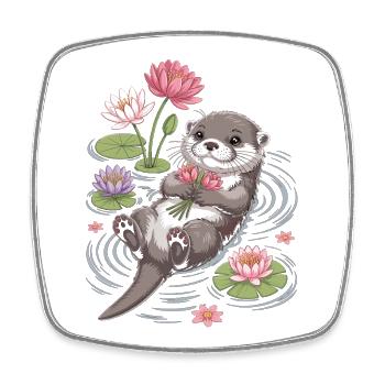 Otter T-Shirt mit Seerosen – Süßes Tiermotiv  - Viereckiger Kühlschrankmagnet - Weiß - Vorne