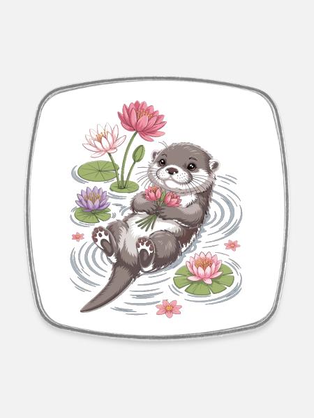 Otter T-Shirt mit Seerosen – Süßes Tiermotiv  - Viereckiger Kühlschrankmagnet - Weiß