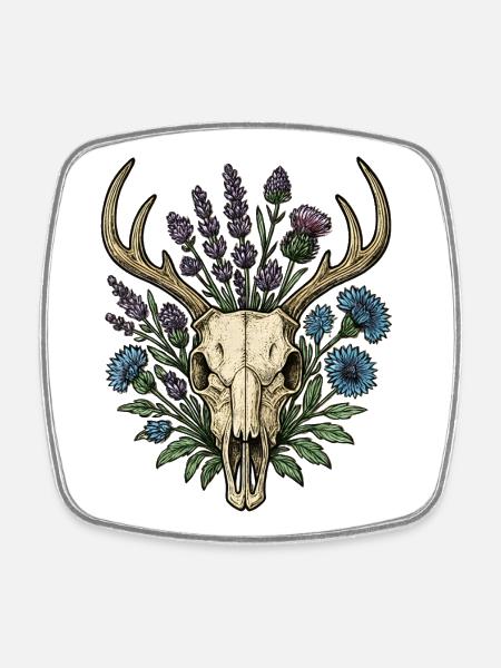 Deer bones with flower wreath - Square fridge magnet - white