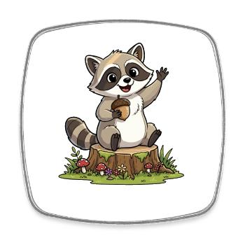 Raccoon on the forest bench with acorn - Square fridge magnet - white - Front