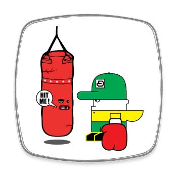 Cartoon Boxing Duo: Maskottchen Bold Bag - Viereckiger Kühlschrankmagnet - Weiß - Vorne