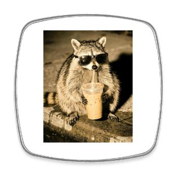 Waschbär trink Eiskaffee, Lustiges Waschbär Foto - Viereckiger Kühlschrankmagnet - Weiß - Vorne