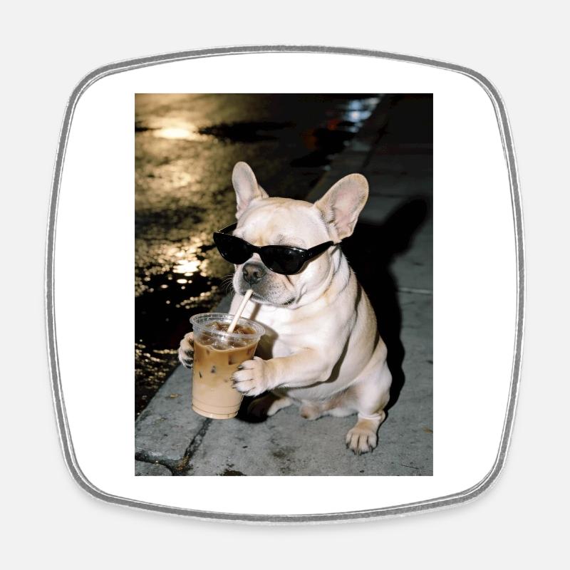 French Bulldog Drinking Iced Coffee - Square fridge magnet - white