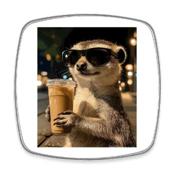Meerkat mit Sonnenbrille und Kaffee - Viereckiger Kühlschrankmagnet - Weiß - Vorne