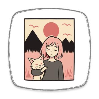 Girl with cat in front of mountains - Square fridge magnet - white - Front