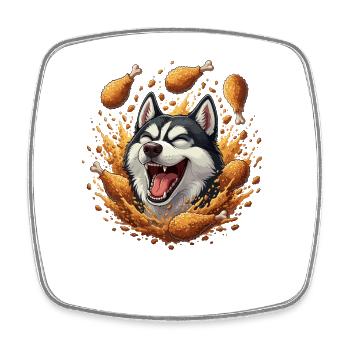 Laughing husky with fried chicken - Square fridge magnet - white - Front