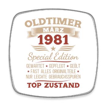45. Geburtstag Geschenk Mann Oldtimer März 1981 - Viereckiger Kühlschrankmagnet - Weiß - Vorne