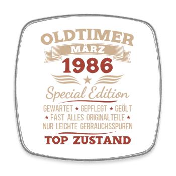 40. Geburtstag Geschenk Mann Oldtimer März 1986 - Viereckiger Kühlschrankmagnet - Weiß - Vorne