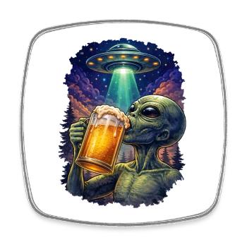 Alien Drinking Beer UFO - Viereckiger Kühlschrankmagnet - Weiß - Vorne