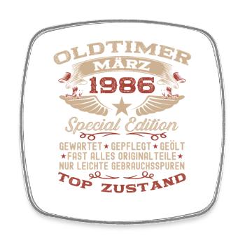 40. Geburtstag Geschenk Mann Oldtimer März 1986 - Viereckiger Kühlschrankmagnet - Weiß - Vorne