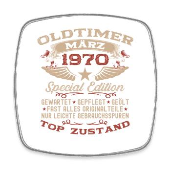 56. Geburtstag Geschenk Mann Oldtimer März 1970 - Viereckiger Kühlschrankmagnet - Weiß - Vorne