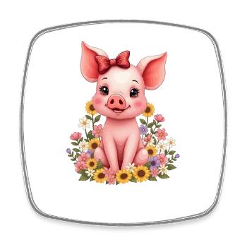 Cochon doux avec arc et fleurs Porcelet - Magnet carré - blanc - Devant