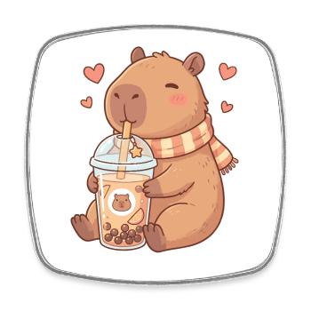 Cozy Kawaii Capybara schlürft Boba-Tee - Viereckiger Kühlschrankmagnet - Weiß - Vorne
