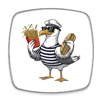 Mouette fraîche mangeant un sandwich de frites - Magnet carré - blanc - Devant
