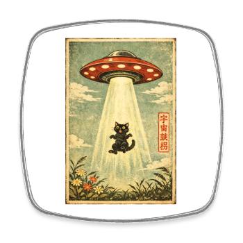 Katze, UFO, Entführung, Aliens, Ausserirdische - Viereckiger Kühlschrankmagnet - Weiß - Vorne