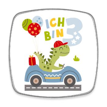 Ich bin 3 – Dino im Auto | Lustiges Geburtstagsshi - Viereckiger Kühlschrankmagnet - Weiß - Vorne