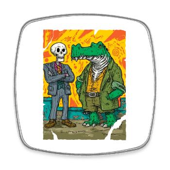 Neon Street Dino: Skeleton vs Alligator CEO - Square fridge magnet - white - Front