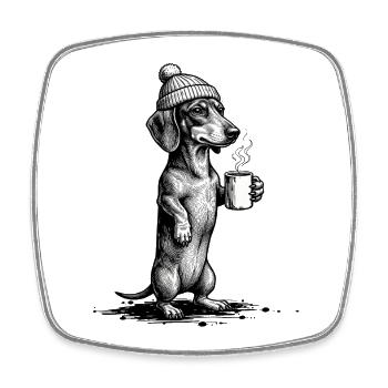 Vintage Dackel mit Kaffee & Mütze - Viereckiger Kühlschrankmagnet - Weiß - Vorne