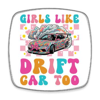 Mädchen mögen auch Driftauto Frauen Mädchen - Viereckiger Kühlschrankmagnet - Weiß - Vorne