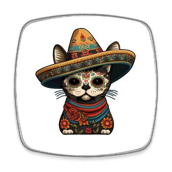 Sugar Skull Cat in Fiesta Sombrero - Square fridge magnet - white - Front