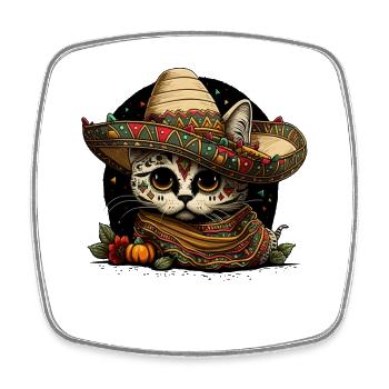 Chat Crâne de sucre dans sombrero mexicain - Magnet carré - blanc - Devant