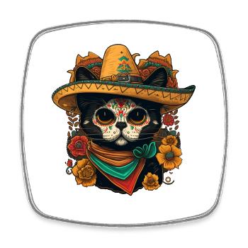 Chat Crâne de sucre en sombrero - Magnet carré - blanc - Devant