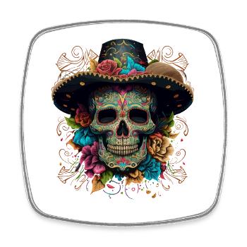 Vibrant Sugar Skull in Floral Sombrero - Square fridge magnet - white - Front