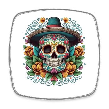 Crâne en sucre avec chapeau et Aztèque floral - Magnet carré - blanc - Devant