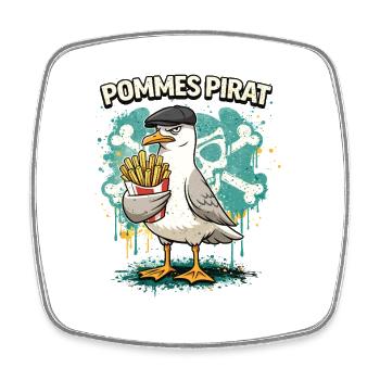 Pommes Pirat – Lustige Möwe mit Pommes - Viereckiger Kühlschrankmagnet - Weiß - Vorne