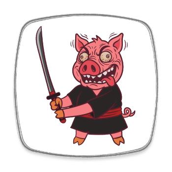 Verrücktes Samurai Schwein mit Schwert - Viereckiger Kühlschrankmagnet - Weiß - Vorne