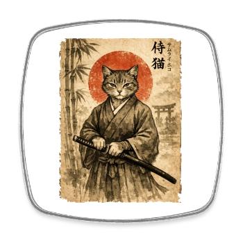 Samurai, Katze, Kater, Japanische Kunst, Anime - Viereckiger Kühlschrankmagnet - Weiß - Vorne