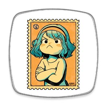 Dessin timbré aux cheveux turquoise défiants - Magnet carré - blanc - Devant