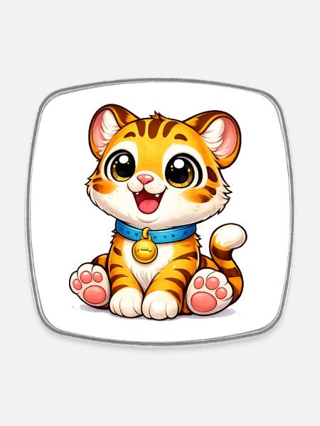 Kitten Tiger with Bells - Square fridge magnet - white
